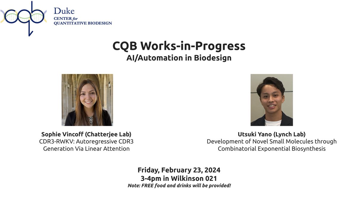 Join us this Friday, February 23, 2024 from 3-4pm in Wilkinson 021 for our student-/postdoc-led seminar series on AI/automation in biodesign! @DukeEngineering #seminarseries #biodesign