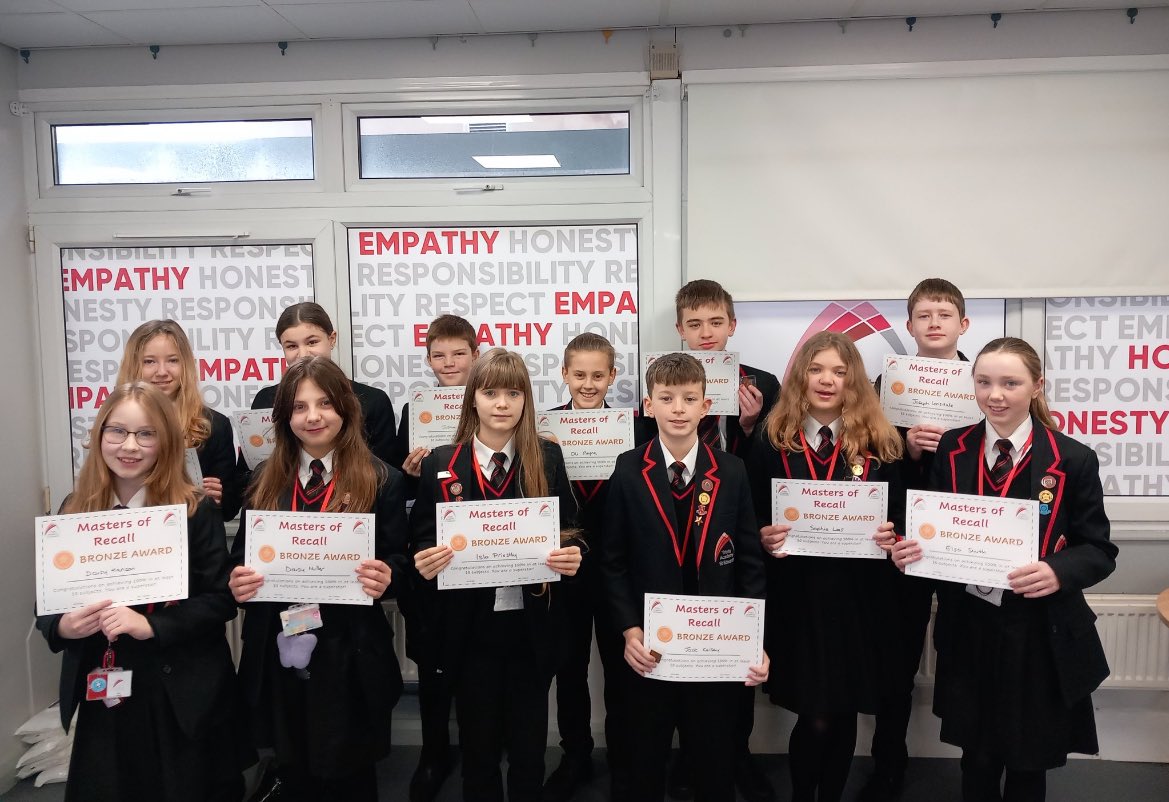 TrinityAcadStE's tweet photo. Masters of Recall celebration assembly for our amazing Year 7 students this morning. As a year group they averaged 85%! Congratulations to our Top 20, Fab 50, Bronze badge winners and our two students who got every question correct #academicexcellence 👏🏻👏🏻👏🏻👏🏻👏🏻 https://t.co/baYAFuTwmD