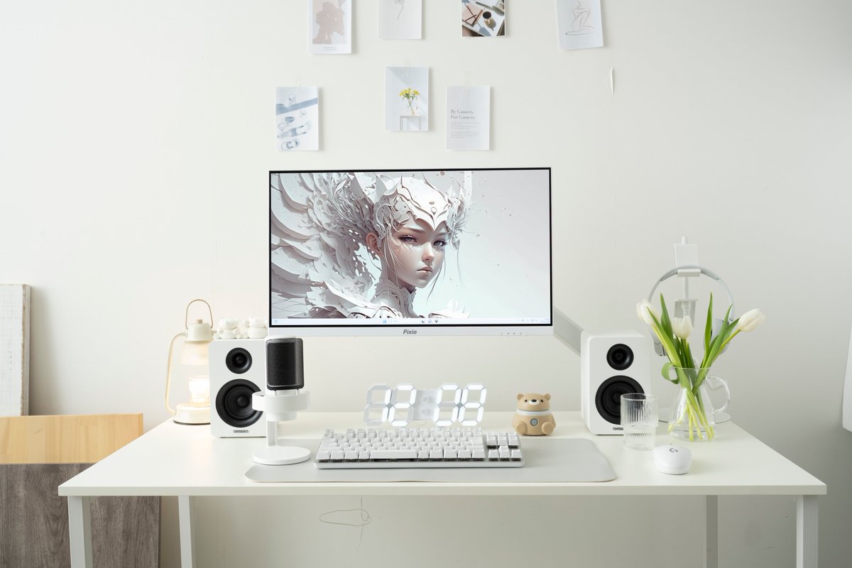PixioGaming's tweet image. Clean aesthetic 🖱️💻 White-out gaming setup vibes with PX248 Wave White ✨Check out our Indiegogo link in bio!  
#CleanSetup #WhiteTech #GamingMonitor #Monitor