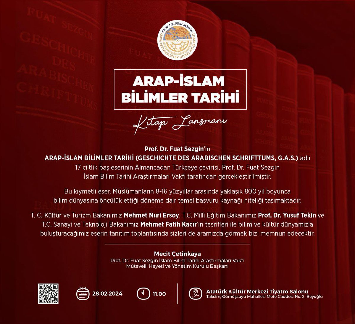 Siz değerli bilim tarihi severlerle bu haberi paylaşmaktan mutluluk duyuyoruz! 

Prof. Dr. Fuat Sezgin’in Arap-İslam Bilimler Tarihi adlı 17 ciltlik baş eserinin Türkçeye çevirisi Prof. Dr. Fuat Sezgin İslam Bilim Tarihi Araştırmaları Vakfı tarafından gerçekleştirilmiştir.