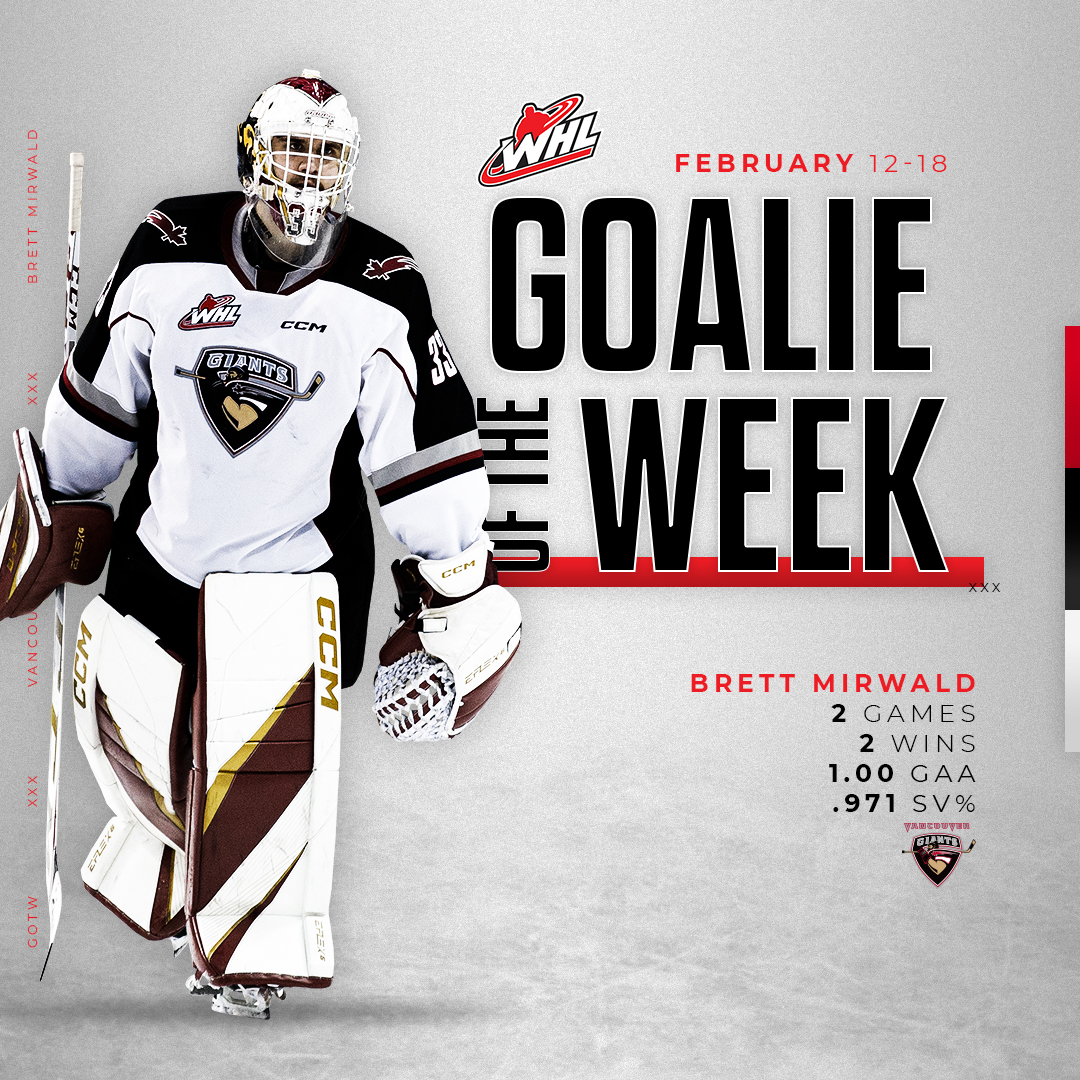 TheWHL's tweet photo. Back-to-back 30+ save winning performances lead to back-to-back #WHL Goaltender of the Week awards for @WHLGiants netminder Brett Mirwald!

Click to read ⬇️