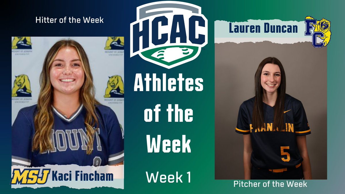 HCAC Softball | Athletes of the Week

Congrats to the Softball Athletes of the Week:
Hitter: Kaci Finchum, <a href="/MSJ_Lions/">Mount St. Joseph University Athletics</a>
Pitcher: Lauren Duncan, <a href="/FCGrizAthletics/">Franklin Grizzlies</a>

Full Release: tinyurl.com/5krf5b99

#TheHeartofD3 | #D3Softball