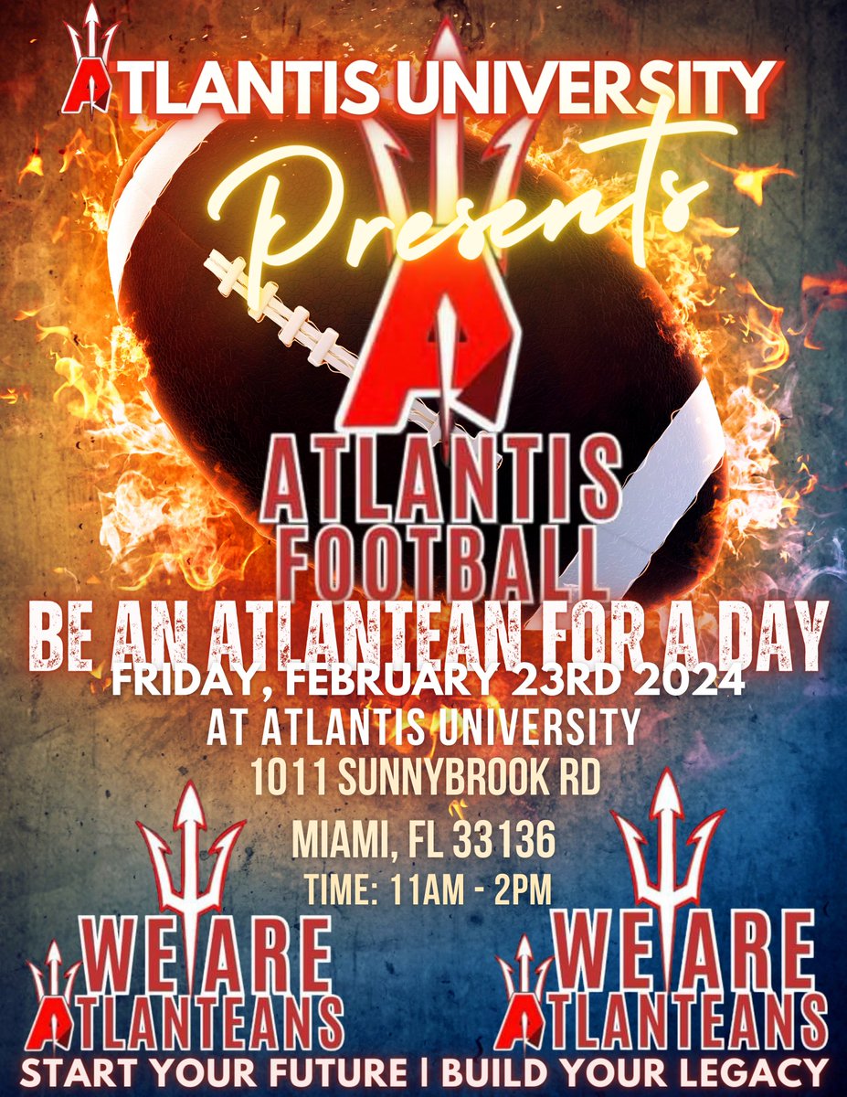 AU Football 🔱 still recruiting, We are looking for C/O 21,22,23 and 2024’s ! If you’re interested send me your Hudl 🎥 or email at joseph.hyott@atlantisuniversity.edu 
I will be making all my follow up calls this week and next week so look out for my call 📱 #WeAreAtlanteans 🔱