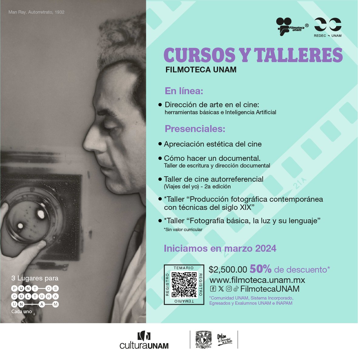 FilmotecaCursos's tweet photo. La @FilmotecaUNAM presenta su oferta de cursos y talleres para el primer trimestre de 2024:

Costo $2,500
50% de descuento a comunidad UNAM, sist. incorporado e INAPAM.
+info: https://t.co/qbvr5avI5I https://t.co/aliONoa4up