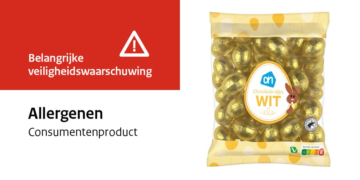 Veiligheidswaarschuwing AH Chocolade eitjes wit Albert Heijn #notenallergie Albert Heijn waarschuwt voor dit product. In de verpakking kunnen melkchocolade praliné eitjes zitten met dezelfde verpakking als de AH Chocolade eitjes wit. ah.nl/mededeling#AH-…