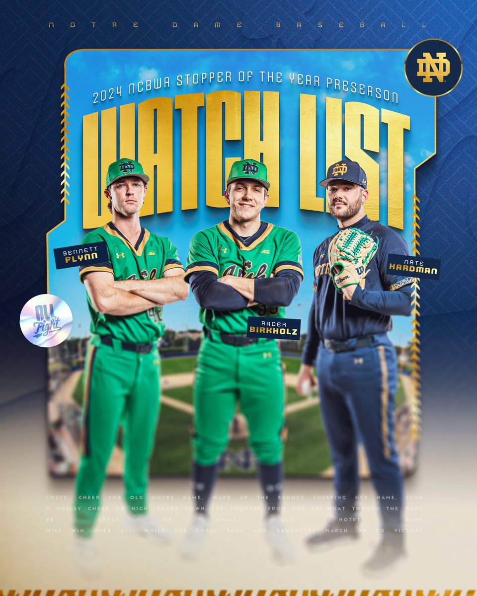 NDBaseball's tweet photo. Irish showing out! 

Radek Birkholz, Bennett Flynn and Nate Hardman have been named to the 2024 @NCBWA Stopper of the Year Preseason Watch List, honoring the top relief pitcher in Division I Baseball. ☘️

🔗: https://t.co/po5F6irq9E

#GoIrish https://t.co/lMEqnpTXBg