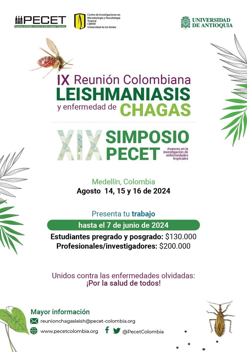 ¡Únete a la IX Reunión colombiana sobre investigación en leishmaniasis y enfermedad de Chagas y al XIX Simposio PECET: avances en investigación de enfermedades tropicales! Conoce más en: pecet-colombia.org/wp/ix-reunion-… #leishmaniasis #chagas