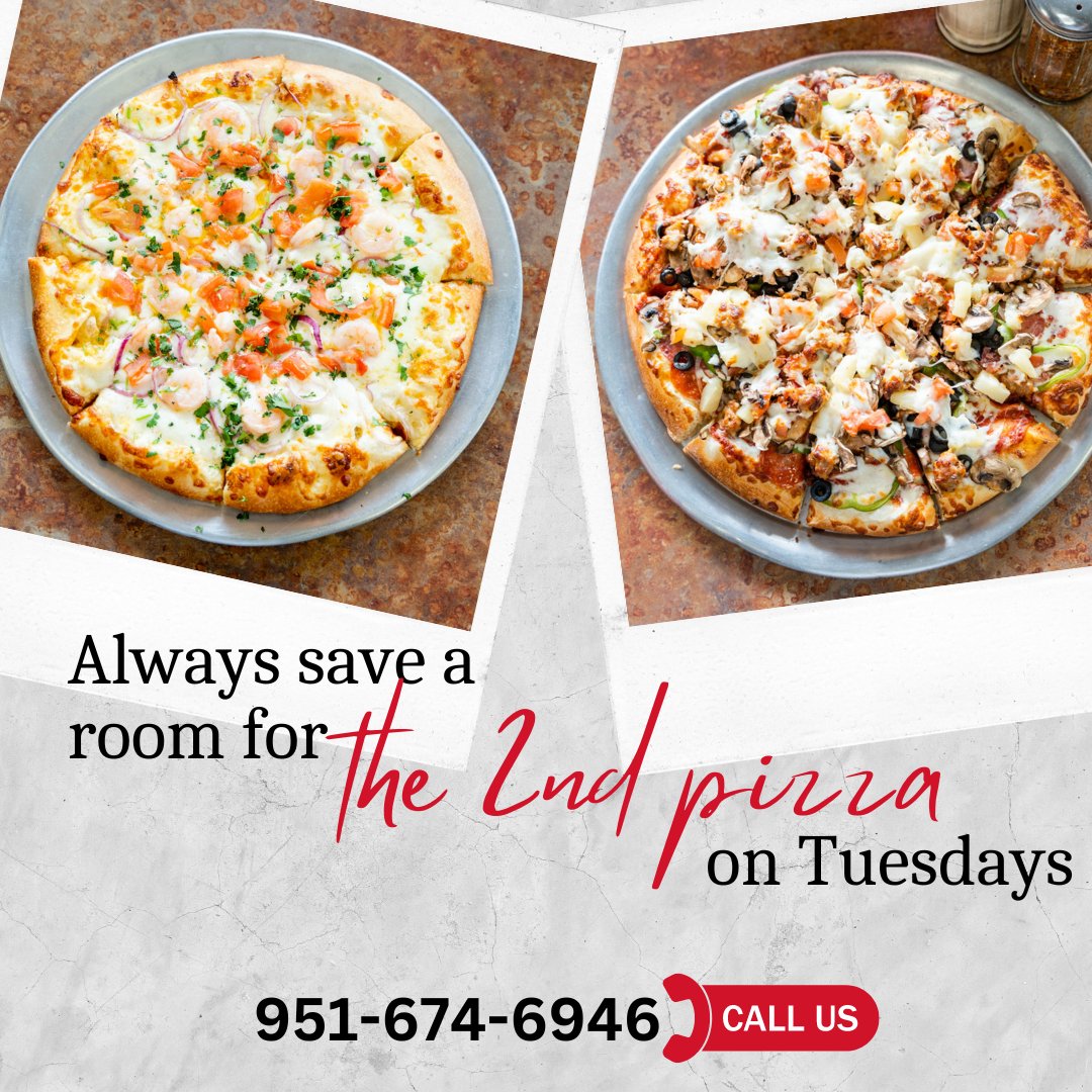 mbpizza1's tweet photo. 🍕Indulge in our Tuesday Special! Purchase one pizza and savor the second one for just $4! Whether you are dining in or prefer takeout, simply mention this ad to enjoy this delectable deal. 😍 #LakeElsinore #RainyDays #lunch #dinner #SoCal #pizzas #deals #tuesdayvibe #yummy #fun https://t.co/6WUBX9Fx1f