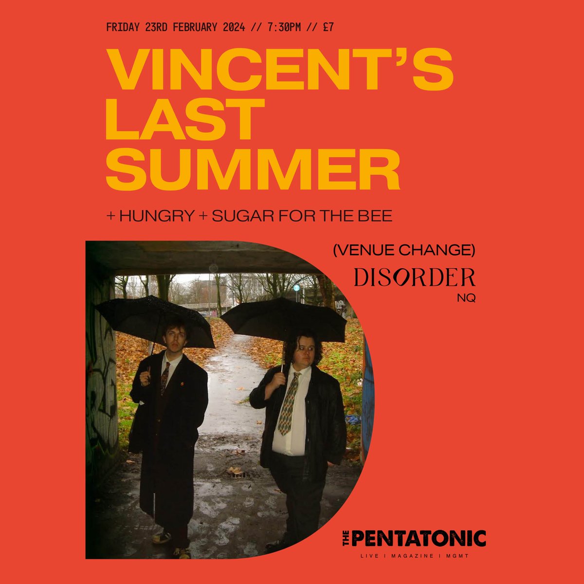 ⚪️ VENUE CHANGE ⚪️ @vincentslast headline show has been moved to @DisorderMCR , with support from Hungry and Sugar For The Bee Remaining tickets are available from seetickets.com/event/vincent-…