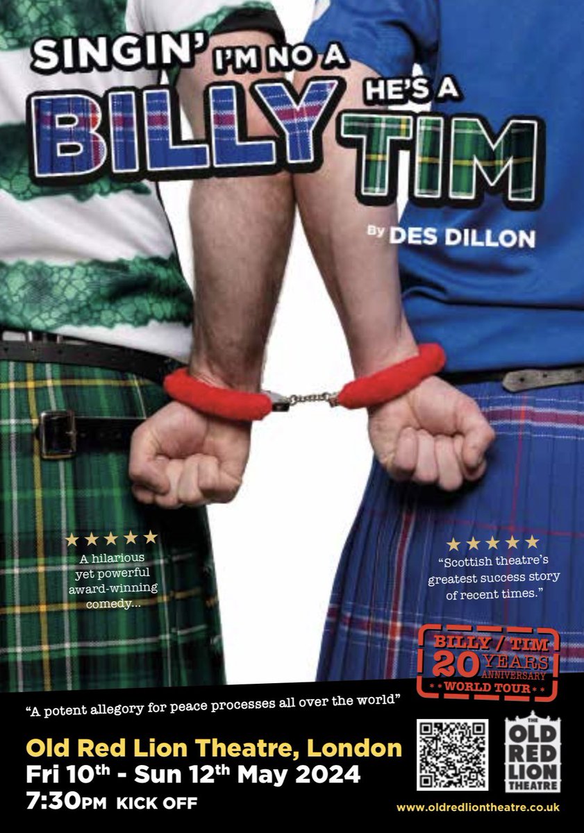 .@GlobalTeaBreak Our award winning cast (“@TheStage Award for Acting Excellence”) are coming to London’s @ORLTheatre in May with Des Dillon’s anti-sectarian comedy 🎭 Singin’ I’m No a Billy, He’s a Tim. 

Fri 10th May 2024 (ONLY 13 TICKETS)
Sat 11th May 2024 (ONLY 22TICKETS)
Sun