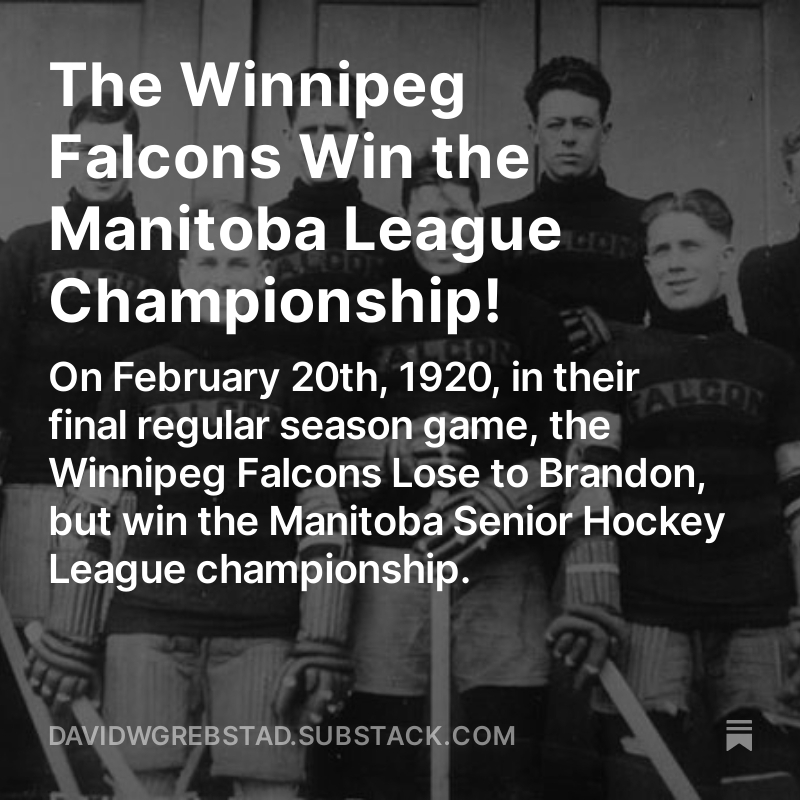 WpgFalcons's tweet photo. #OTD in 1920,  the Winnipeg Falcons officially win the Manitoba League Championship, despite dropping the day's game 5-1 to Brandon. 

https://t.co/rVp9K6QVxZ https://t.co/1CWxsarHO5