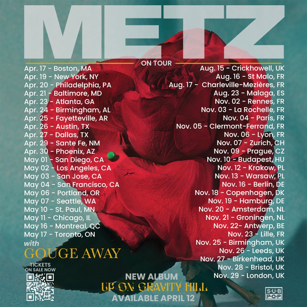 Friends, we can’t wait to see you! Tickets on sale now! Retweet in the name of rock n’ roll 🌹

music.subpop.com/metz_upongravi…