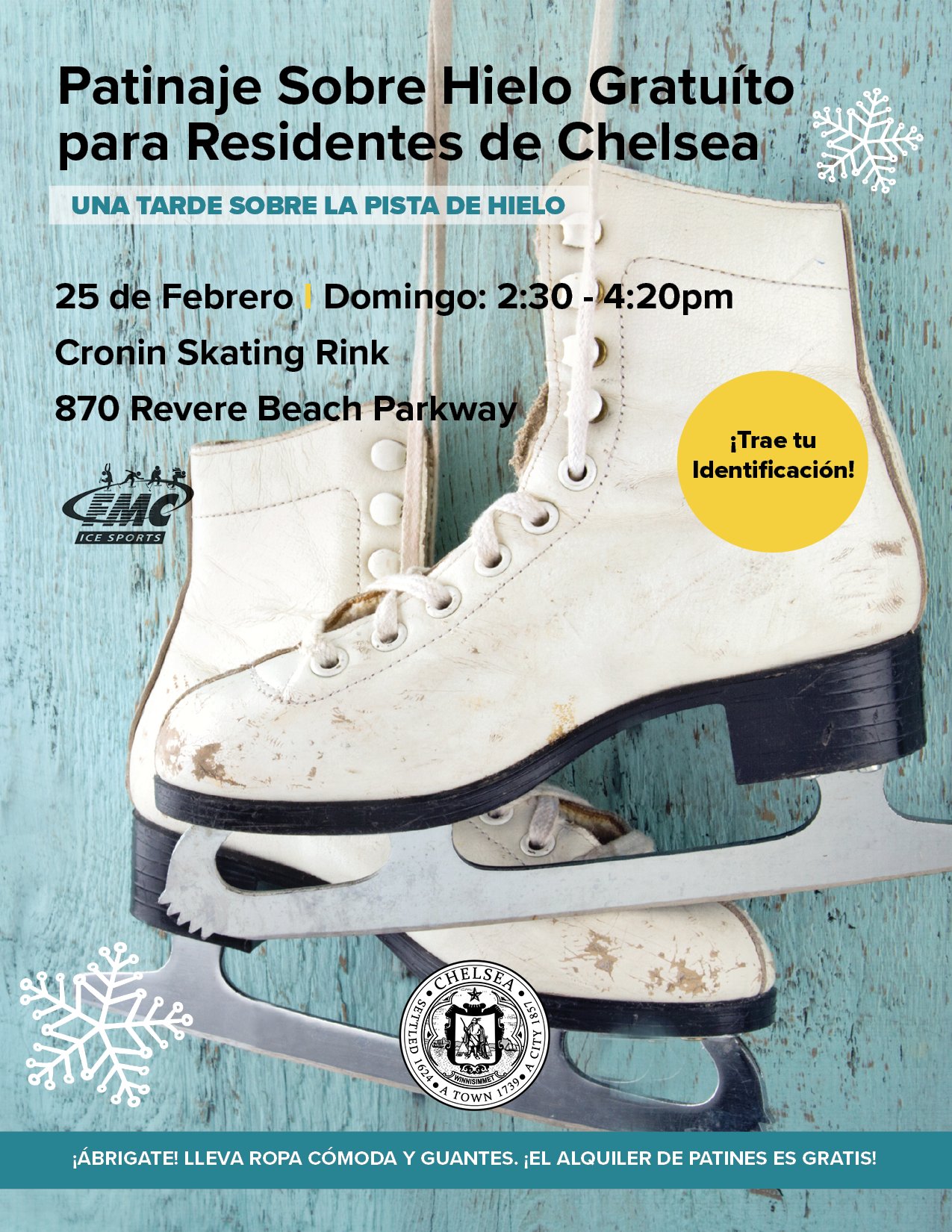 Chelsea Schools on X: This Sunday, February 25, at Cronin Skating Rink  (870 Revere Beach Parkway), Chelsea residents can skate for free from  2:30pm-4:20pm! Renting skates is free for families. Children must