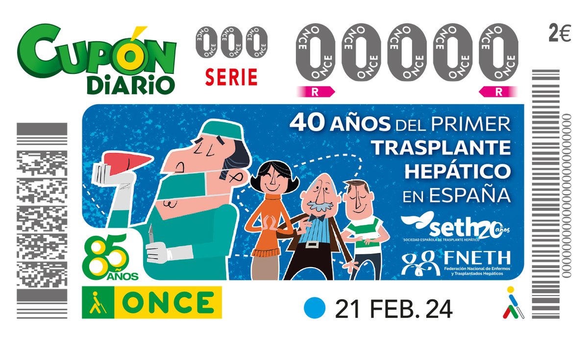 💫 Conmemoramos el 40 aniversario del 1er trasplante hepático en España con un cupón de la ONCE para mañana 21 de febrero. 🤗Consigue el tuyo, hazle una foto y súbela, etiquetándonos a @SETHepatico y a @FNETH_org con el hashtag #40AñosTrasplanteHepático. ¡Súmate a la celebración!