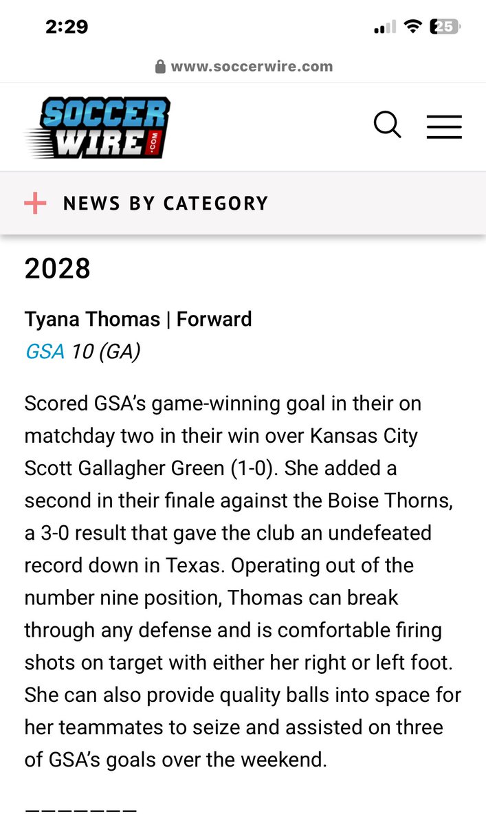 Thank you @TheSoccerWire for the write up‼️Me and my team had an amazing time playing against clubs outside of our region this past weekend. We enjoyed being able to have the opportunity to play in the Dallas ECNL Showcase.@ECNLgirls  #GSAStrong