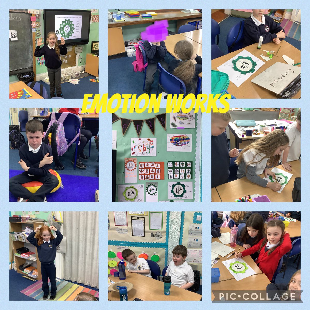 P4_3MorayPS's tweet image. This week we looked at the green cog for Emotion works. We worked with a partner to mime different behaviours that may be displayed for certain emotions. We created posters to demonstrate this.