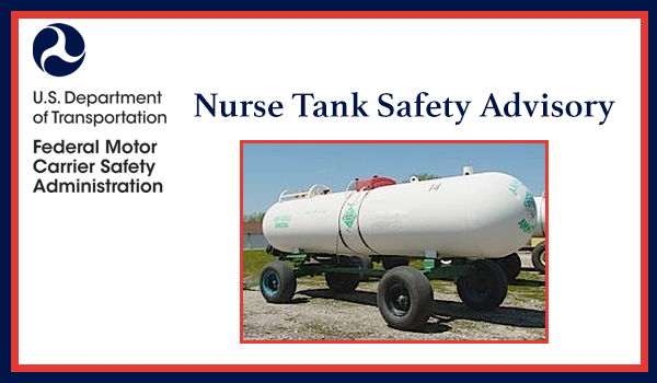 FMCSA's tweet photo. Safety Advisory! FMCSA and @PHMSA_DOT issued a joint Safety Advisory strongly recommending routine inspections of nurse tanks that store/transport hazardous materials. Read the full advisory here: https://t.co/2TlHIckeaA https://t.co/7ANfRf7h4T