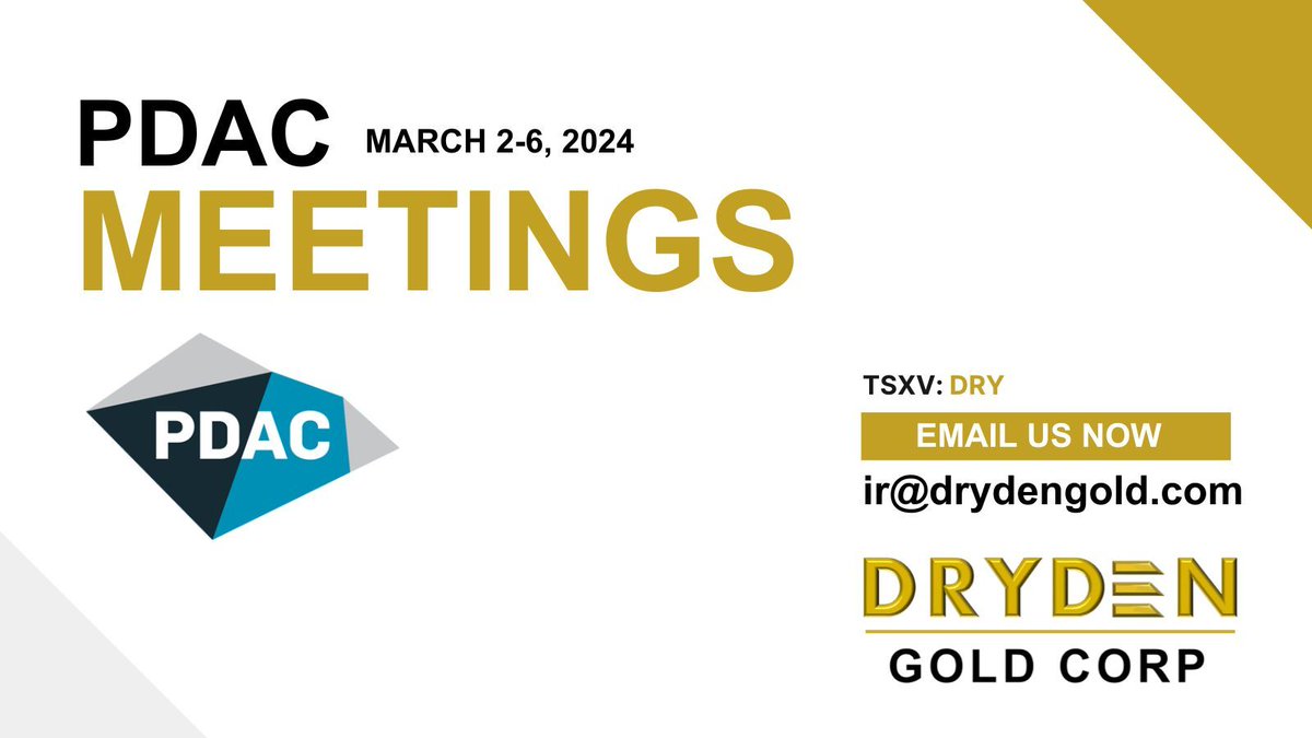 Our team will be available for meetings at @the_PDAC from March 2-6, 2024. Please email: ir@drydengold.com to arrange a booking.

#Conference #Networking #Events #Toronto #Mining #Exploration #Gold #Highgradegold #PreciousMetals #Meetings #ContactUs 

TSXV: $DRY | OTCQB: Pending