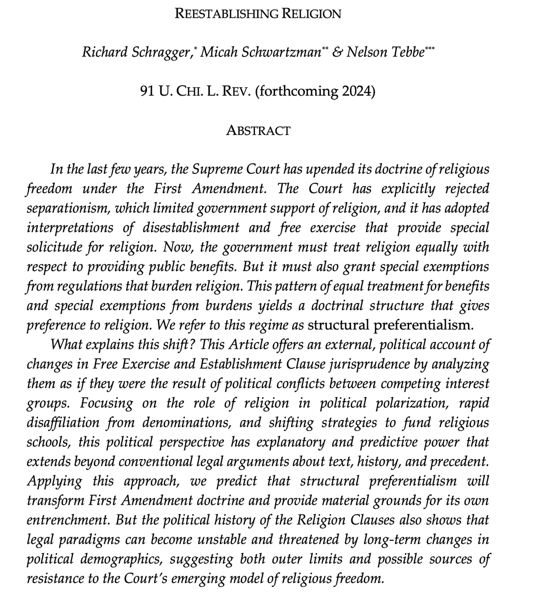 My latest with @RichSchragger and @NelsonTebbe is available now on @SSRN. 'Reestablishing Religion' is forthcoming from @UChiLRev. papers.ssrn.com/sol3/papers.cf…