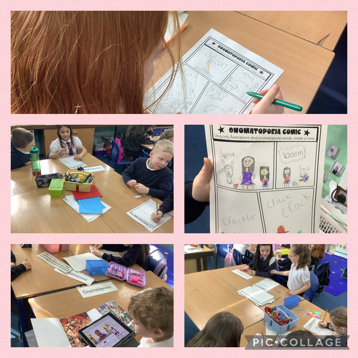 P4_3MorayPS's tweet image. Today we were learning about onomatopoeia. We worked together to create our own comic strips, adding a variety of sound words to make it interesting for our readers. 👏👏