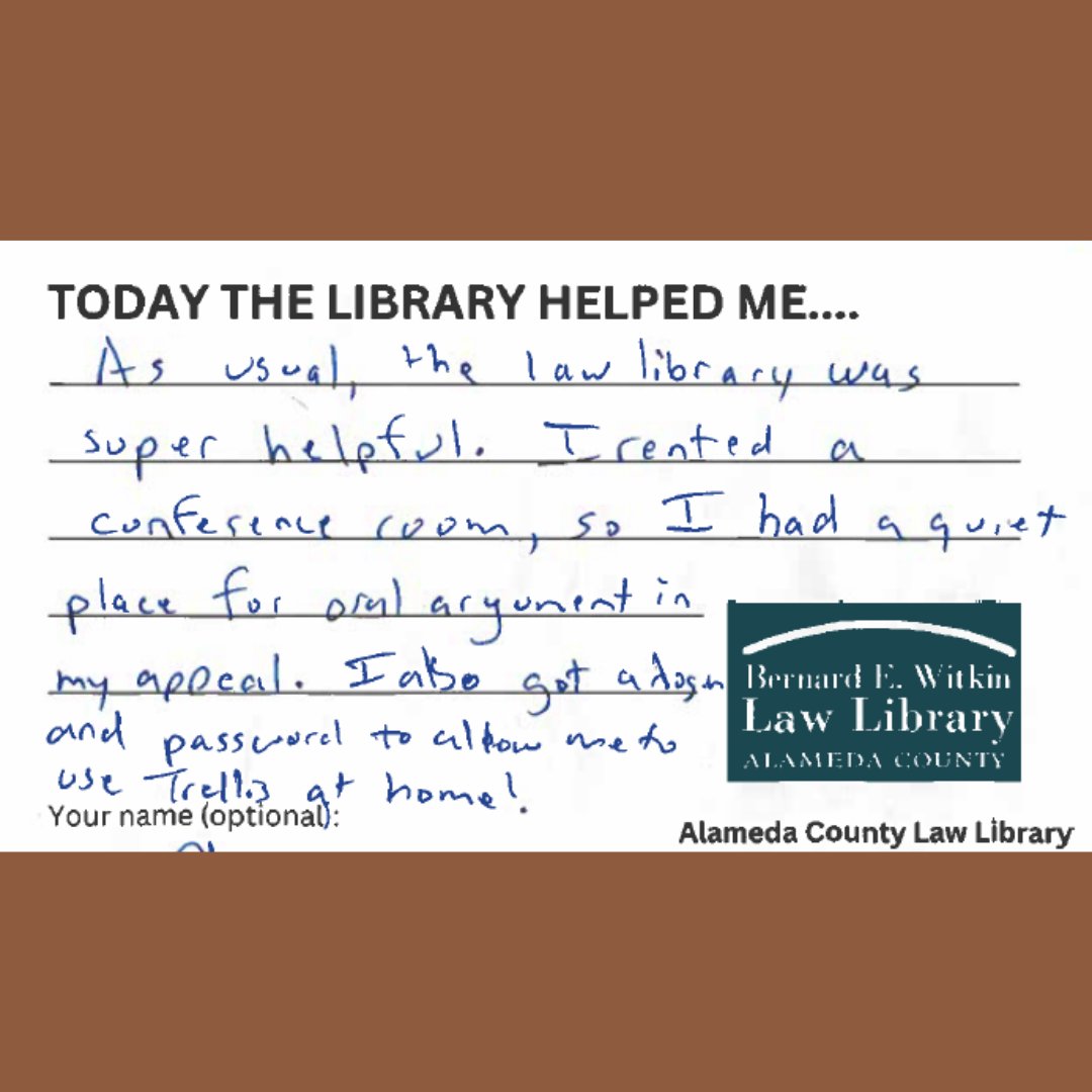 AClawlibrary's tweet photo. The #lawlibrary is more than just books! We provide many services, such as Conference Rooms, remote databases, and Court forms. If we can't help, we likely know someone who can! We are happy to provide referrals, just ask! Let us know how we've helped you! #loveyourlibrary https://t.co/hdhbe9UKwl