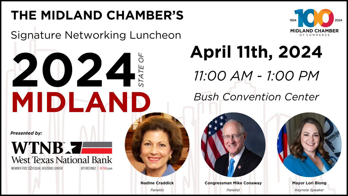 Registrations and Sponsorships are OPEN for our 2024 State of Midland Luncheon! You will hear from panelists Nadine Craddick and Congressman Mike Conaway, as well as from our Keynote Speaker, Mayor Lori Blong.

Get your tickets today! bit.ly/49a6LpW 📷