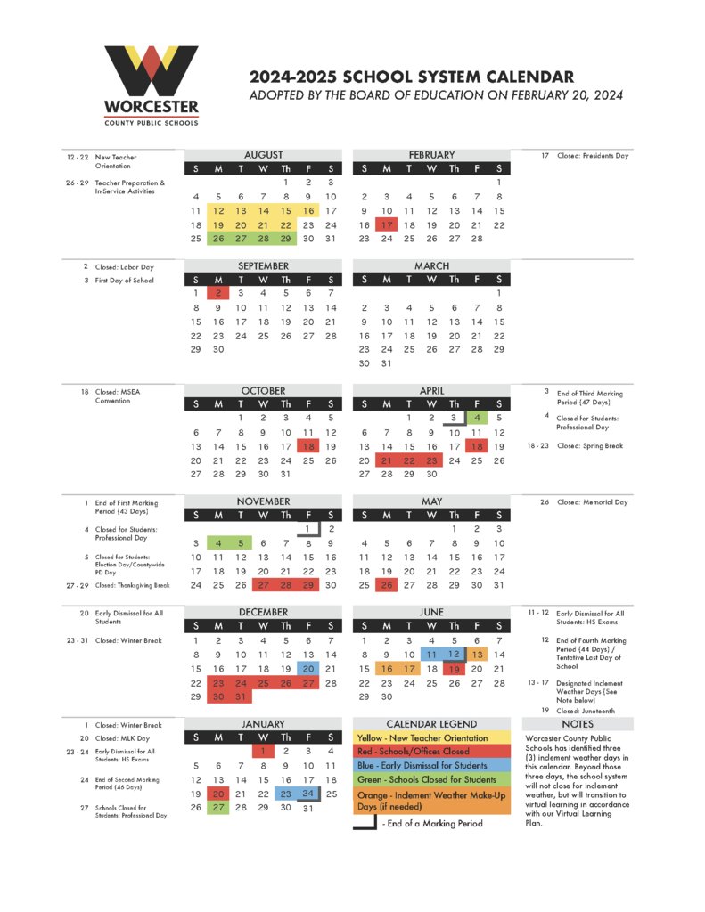 BREAKING: The Worcester County Board of Education has adopted the 2024-2025 school system calendar. View the presentation at tinyurl.com/2425CalPres. The new calendar will be added to the website this week.