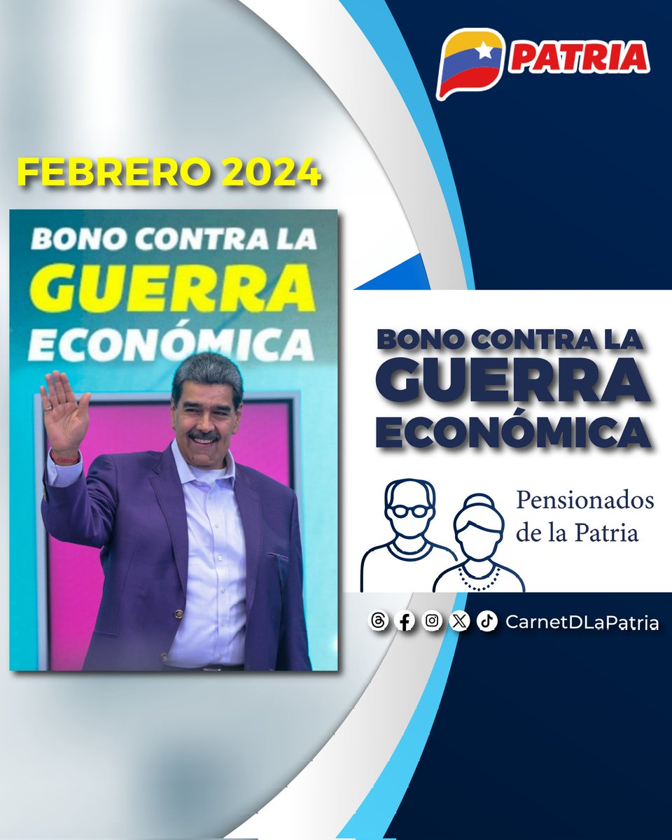 Inicia el pago del #BonoContraLaGuerraEconómica Febrero 2024, aprobado por el Pdte. <a href="/NicolasMaduro/">Nicolás Maduro</a>, a través de la #PlataformaPatria.
Dirigido a pensionados y pensionadas, como parte del esfuerzo para proteger el bienestar social del pueblo.

#UnidosSeConsolidaLaPatria #20Feb