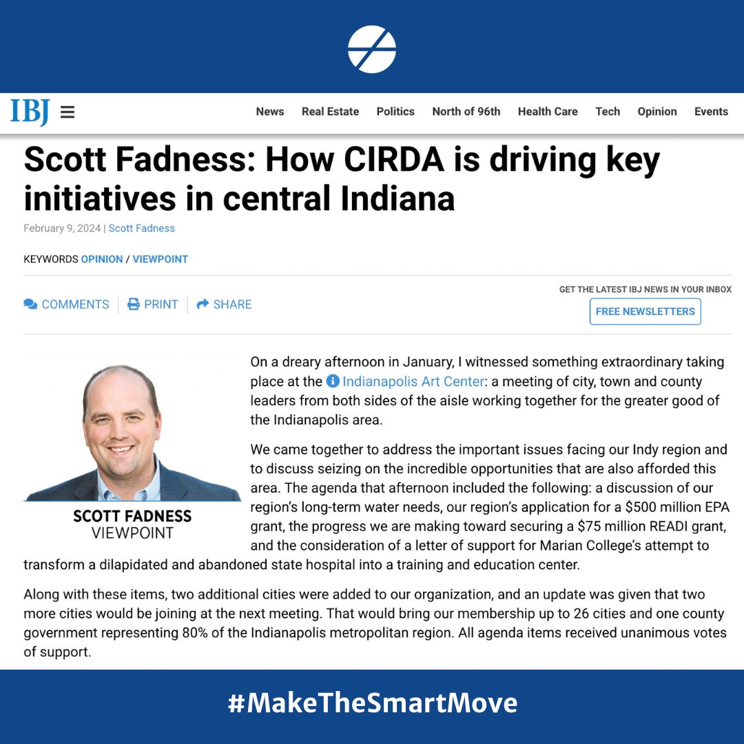 "We must convince the residents we serve that this region deserves and is capable of aspirations." - Mayor <a href="/ScottFadness/">Scott Fadness</a> talks about important priorities for <a href="/FishersIN/">FishersIN</a> and CIRDA in a recent <a href="/IBJnews/">IBJ News</a> op-ed.

#MaketheSmartMove