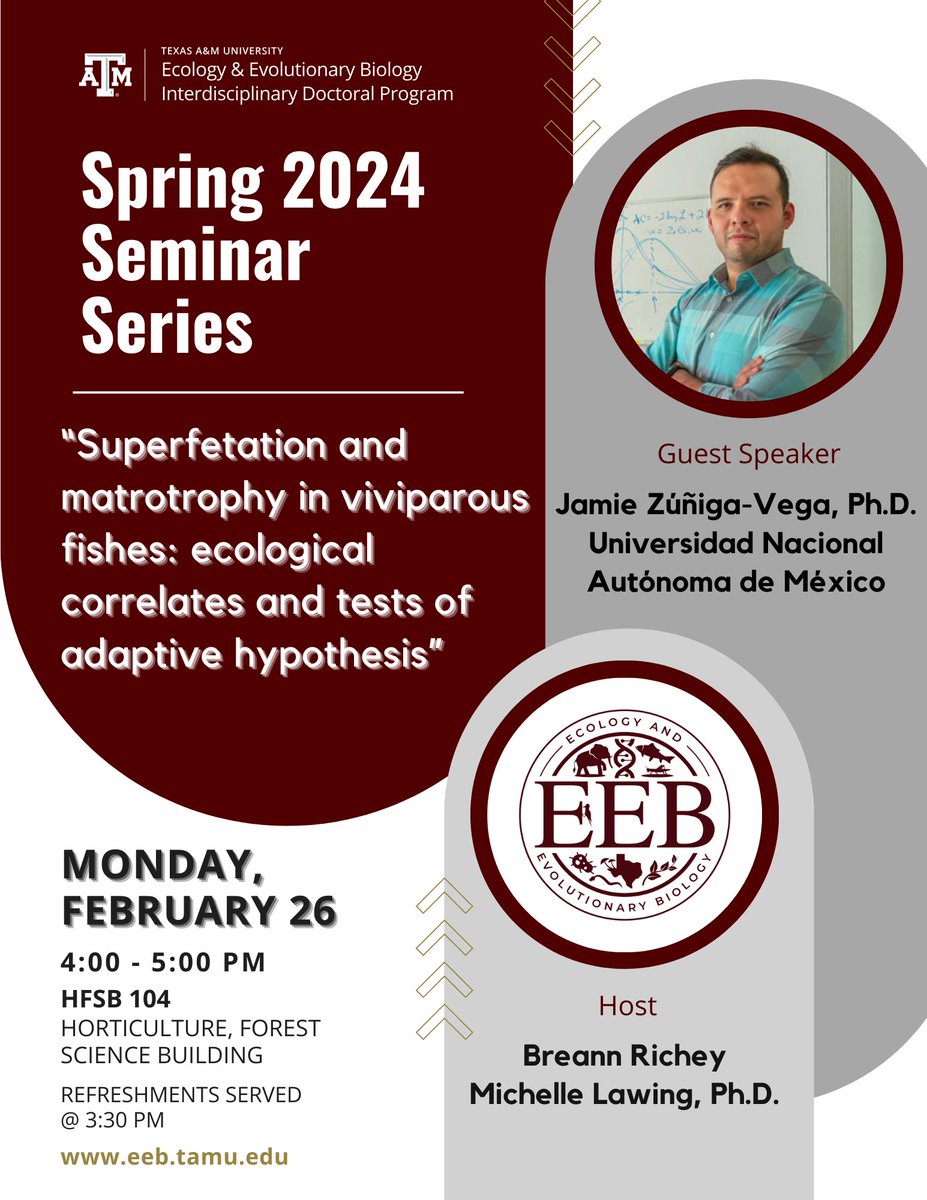 Please join us for the next seminar in the EEB Spring 2024 series on Monday, February 26 at 4 PM CST in HFSB 104, when we welcome Dr. Jaime Zuniga-Vega of Universidad Nacional Autónoma de México. @fciencias