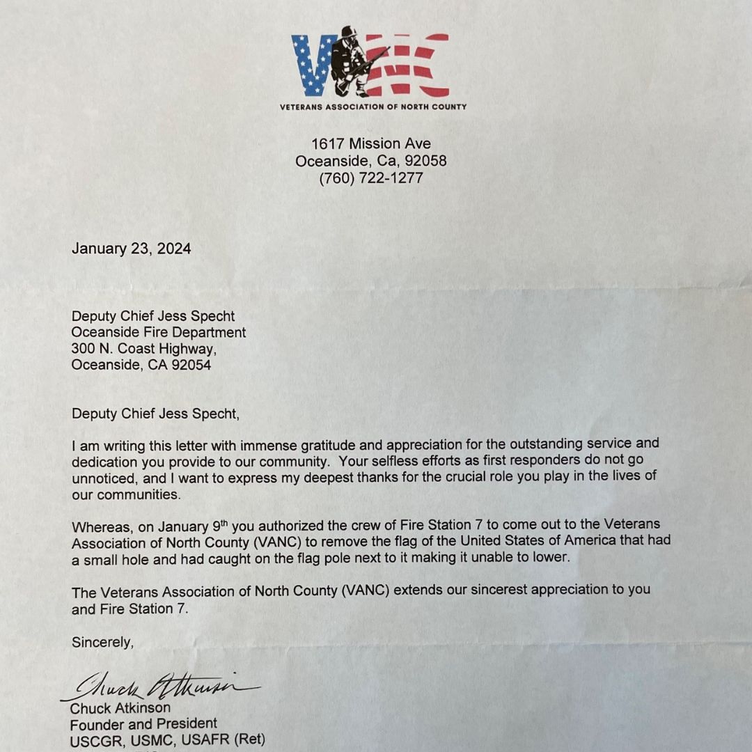 Big thanks to the Veterans Association of North County (VANC) for their heartfelt letter expressing gratitude for our ladder truck's efforts to keep the U.S. flag flying high 🚒🇺🇸. It's a symbol of our community's unity, strength, and respect for veterans. #VeteransSupport