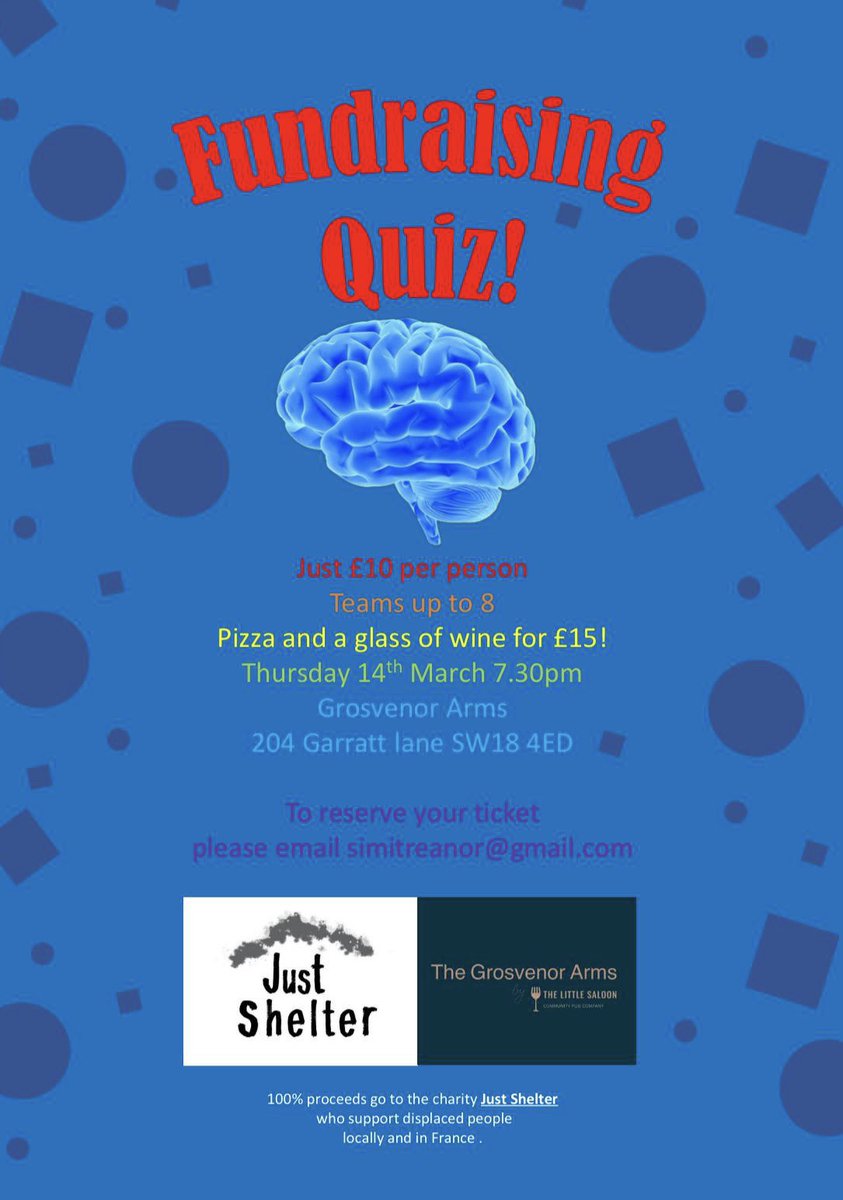 Join us for our fundraising quiz at the Grosvenor Arms in Earlsfield on the 14th March! All proceeds will go to Just Shelter. Tickets are £10 per person, and can be reserved by emailing simitreanor@gmail.com See you there!