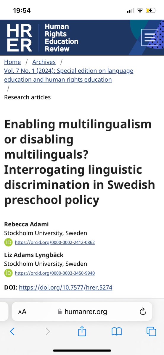 🎉Congratulations @rebeccaadami @LizLyngback on your new @humanrer article ⭐️how #Sweden’s language policy may undermine young children’s language development ⭐️A denial of children’s linguistic rights? Available #OpenAccess doi.org/10.7577/hrer.5…