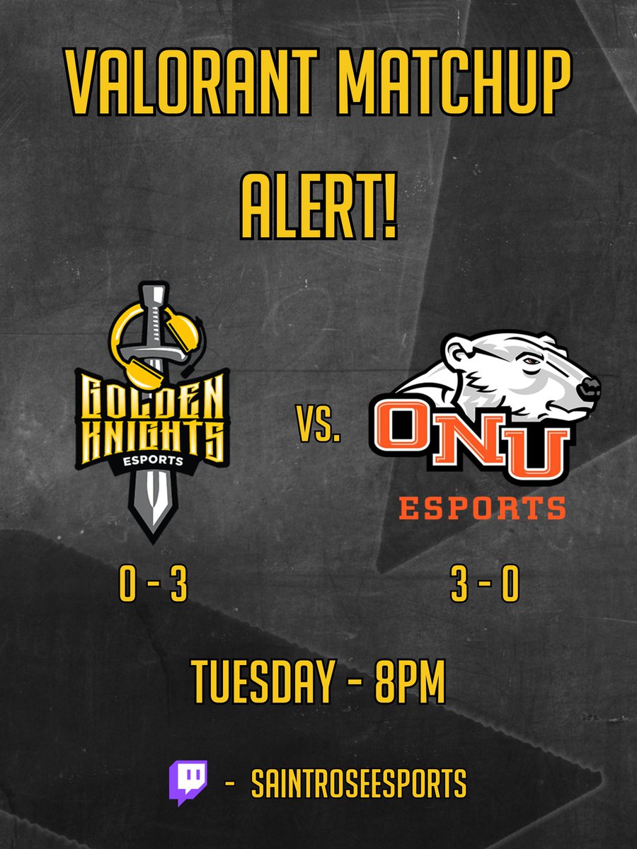 Week #4 of VALORANT tonight at 8! Ohio Northern University is the opponent for this one. Come through!

twitch.tv/saintroseespor…
