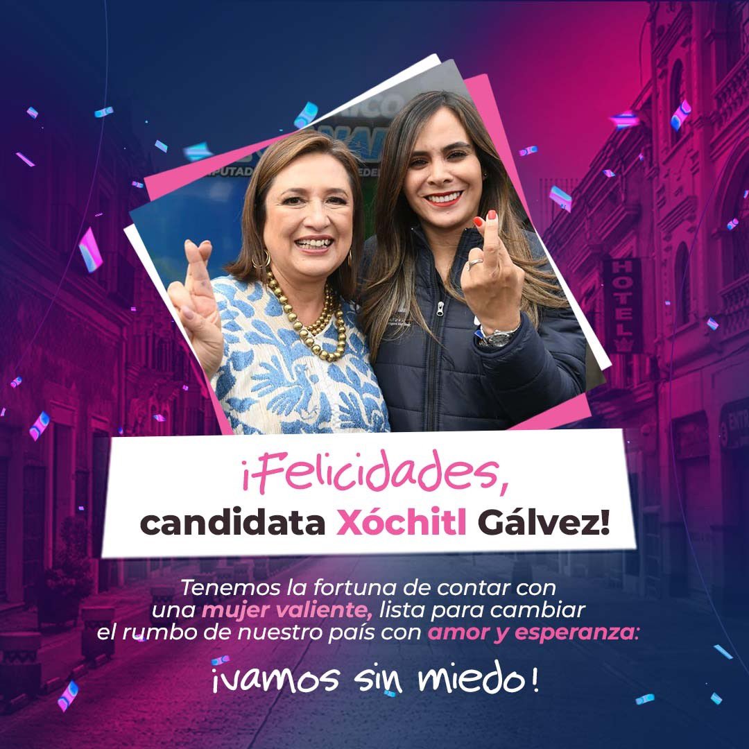 ¡Es oficial! ¡Tenemos candidata!

<a href="/XochitlGalvez/">Xóchitl Gálvez Ruiz</a> es nuestra esperanza para un país de oportunidades para todos, libertades, instituciones y legalidad.

El dictador se debe ir a La Chingada, su rancho.

¡Es tiempo de ser valientes! ¡Viva México 🇲🇽!