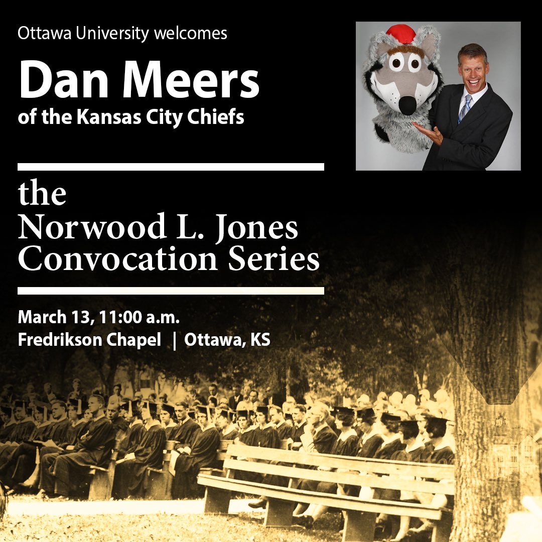 We want to invite the OU and local community to the Norwood L Jones convocation on March 13 at 11 a.m. This year we are proud to announce the speaker is Dan Meers, KC Wolf Mascot for the Chiefs. Please mark your calendars to join us for his story in the Fredrikson Chapel.