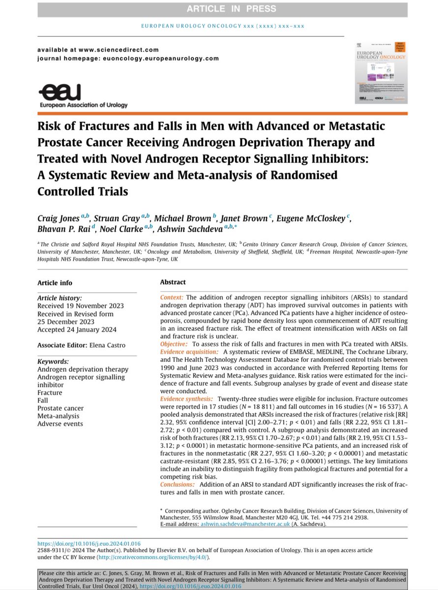 Ashwin Sachdeva (@ashwinurol) on Twitter photo Our meta-analysis evaluating impact of ARSI therapy for #prostatecancer on falls & fractures 🦴 finally out in <a href="/EurUrolOncol/">European Urology Oncology</a>
Link: authors.elsevier.com/sd/article/S25…
<a href="/craig_m_jones/">Craig Jones</a> <a href="/GrayStruan/">Struan Gray</a> <a href="/micmac104/">Mick Brown</a> <a href="/stingrai78/">🇮🇳 Bhavan Rai 🇬🇧</a>
<a href="/GUresearch_MCR/">GU Cancer Research group</a> <a href="/UoM_DCS/">Division of Cancer Sciences</a> Our meta-analysis evaluating impact of ARSI therapy for #prostatecancer on falls & fractures 🦴 finally out in <a href="/EurUrolOncol/">European Urology Oncology</a>
Link: authors.elsevier.com/sd/article/S25…
<a href="/craig_m_jones/">Craig Jones</a> <a href="/GrayStruan/">Struan Gray</a> <a href="/micmac104/">Mick Brown</a> <a href="/stingrai78/">🇮🇳 Bhavan Rai 🇬🇧</a>
<a href="/GUresearch_MCR/">GU Cancer Research group</a> <a href="/UoM_DCS/">Division of Cancer Sciences</a>