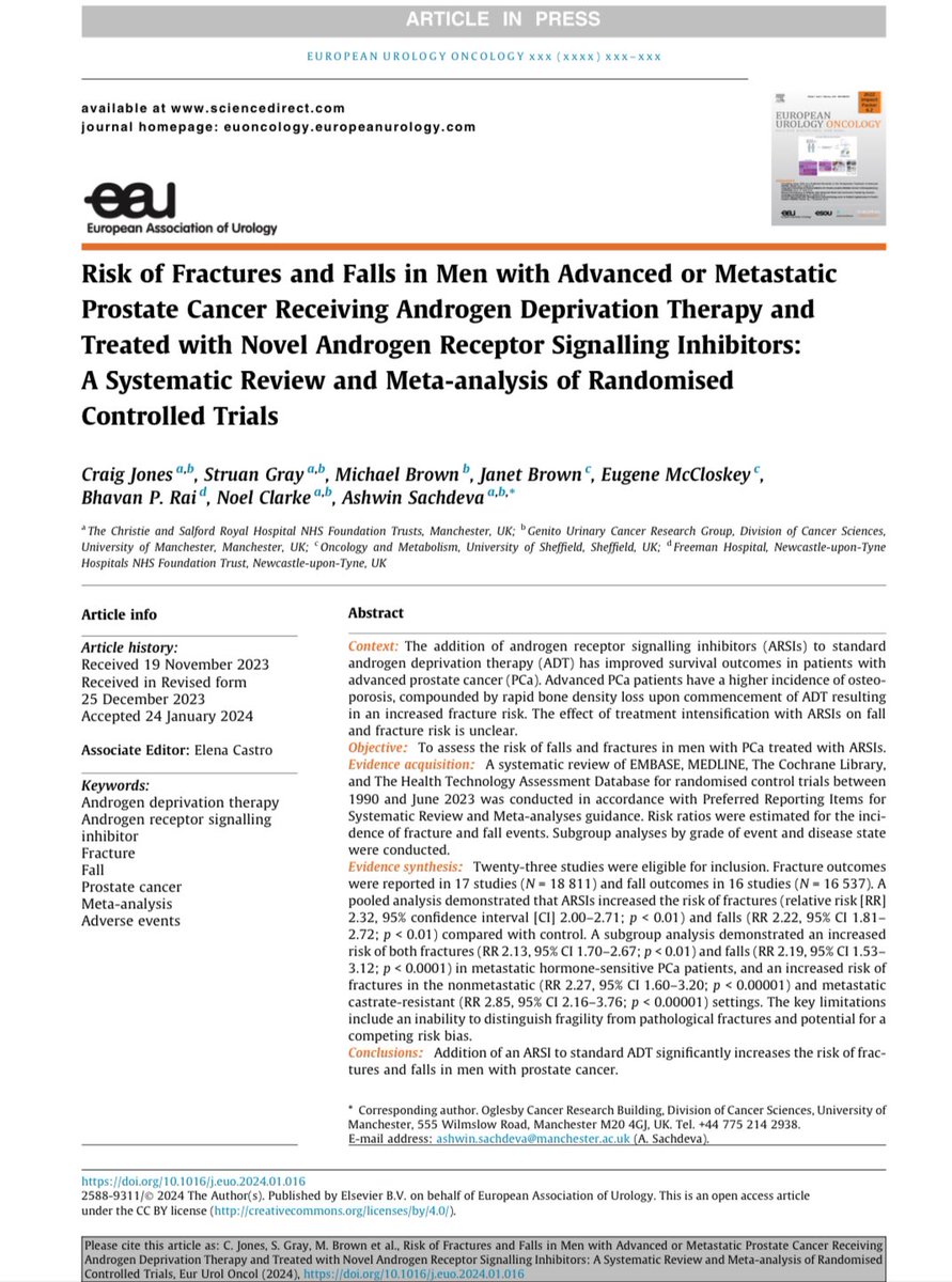 Our meta-analysis evaluating impact of ARSI therapy for #prostatecancer on falls & fractures 🦴 finally out in @EurUrolOncol Link: authors.elsevier.com/sd/article/S25… @craig_m_jones @GrayStruan @micmac104 @stingrai78 @GUresearch_MCR @UoM_DCS