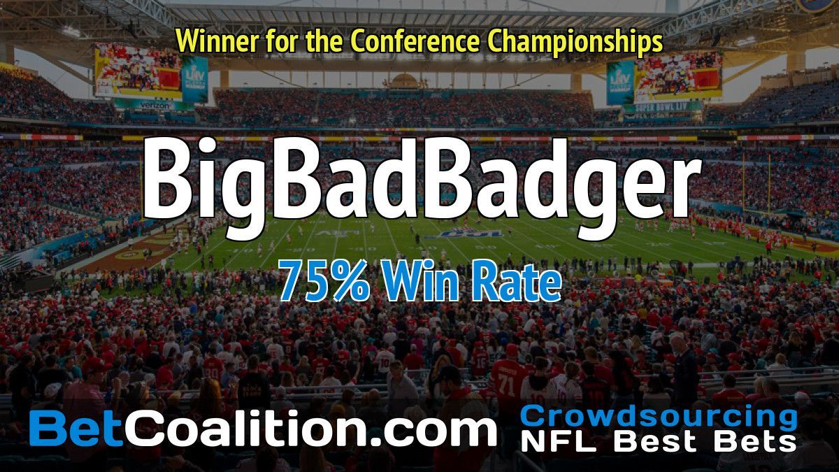 BetCoalition's tweet photo. Last week in NFL the Conference Championships, BigBadBadger had the best record with a 75% win rate! the Super Bowl starts on ! Make your picks and get ALL the Best Bets FREE for the entire season with invite code: SEASON23 
https://t.co/uc08UuP8JF https://t.co/VH6PMy4rZs