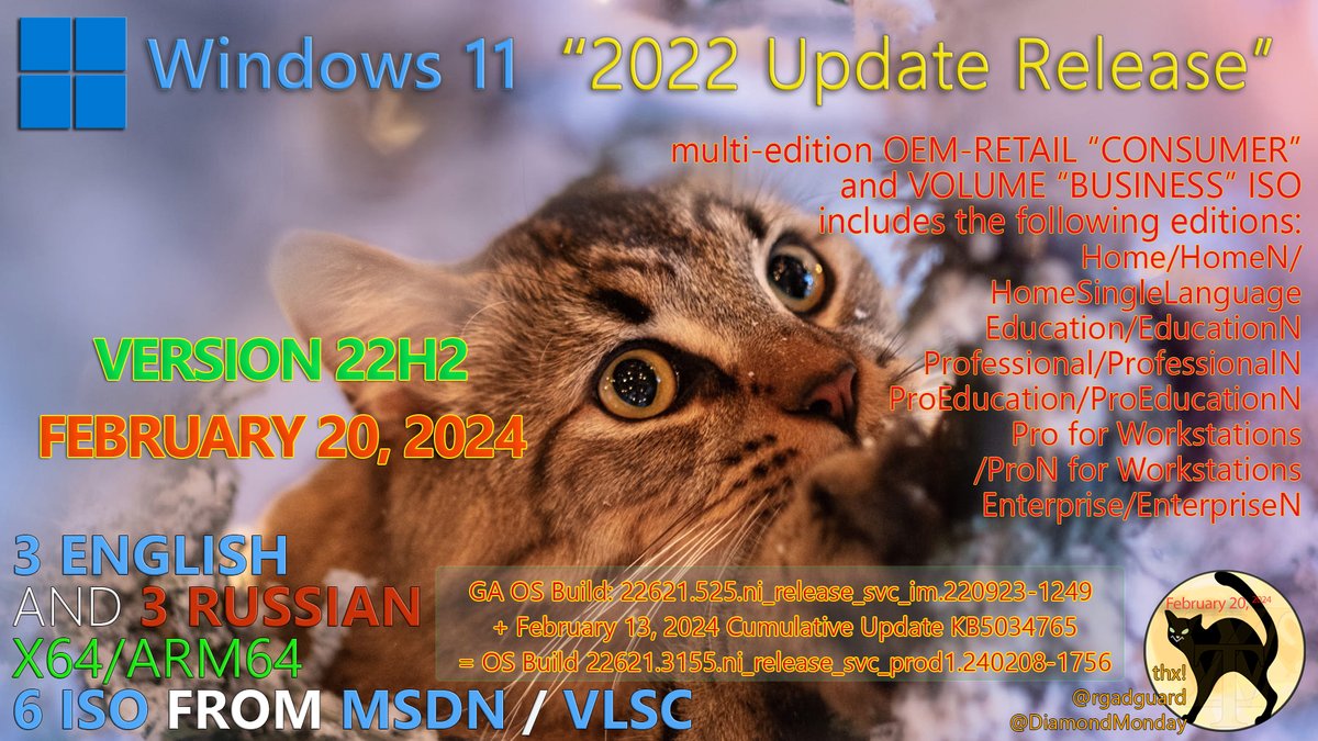 WZorNET's tweet photo. 😻📢Windows 11 Version #22H2 (#UpdatedFebruary2024)👉https://t.co/Ry3UqPRPop
📋OS Build /22621.3155.ni_release_svc_prod1.240208-1756 with #KB5034765/>https://t.co/mRKNILBI1H
📁2-ENGLISH|2-RUSSIAN, X64, CLIENT #CONSUMER/#BUSINESS from #MSDN 4-ISO👨‍💻👉https://t.co/ODAnRzdo5J
👁️WZT🪄 https://t.co/X5rWeolrgB