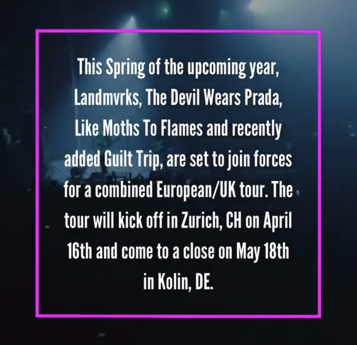 concertchron's tweet photo. Landmvrks announces
UK/EU headlining tour with special guests The Devil Wears Prada, Like Moths To Flames and Guilt Trip #landmvrks #tdwpband #lmtf #guilttrip #concert #tour #announcement #metalcore #hardcore #europe
🔗 https://t.co/Lyeke5vRiv https://t.co/5lEaZMGkV9