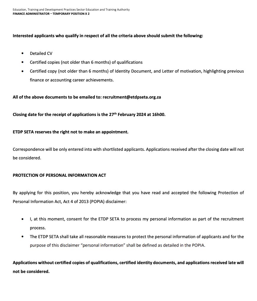 CarolBoitumelo1's tweet photo. ETDPSETA

📌 Finance Administrator – Temporary Position X 2

Salary: R430 335 per annum (Total-Cost-To-Company)

Closing Date: 27 February 2024
Send CV, certified copies of qualifications, certified copy of id, letter of motivation to recruitment@etdpseta.org.za https://t.co/DbKHsZ5e9d