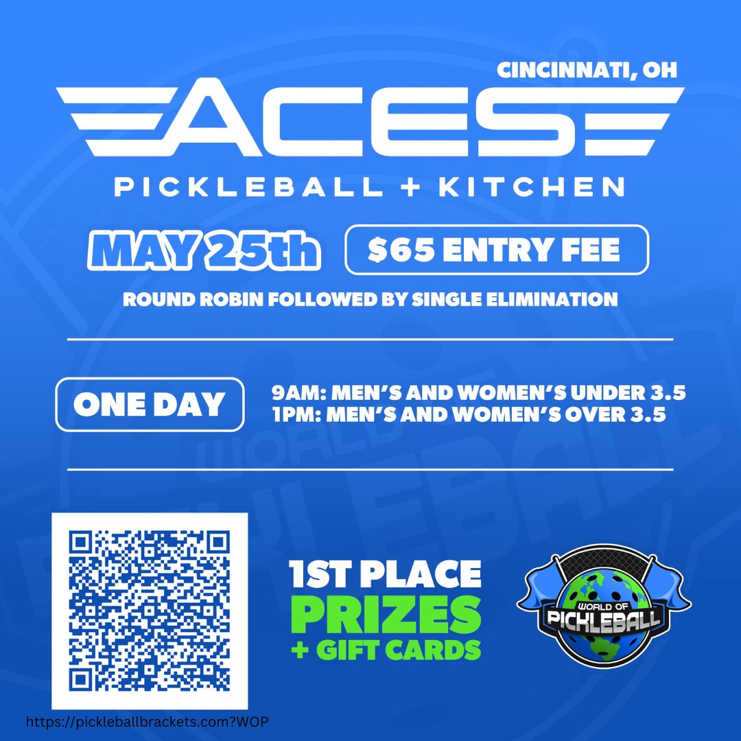 Registration is now open for World of Pickleball tour at ACES Pickleball + Kitchen on May 25, 2024! Limited spots, don't let this opportunity slip away – secure your spot now to compete for prizes and bragging rights in this thrilling tournament. Register today!