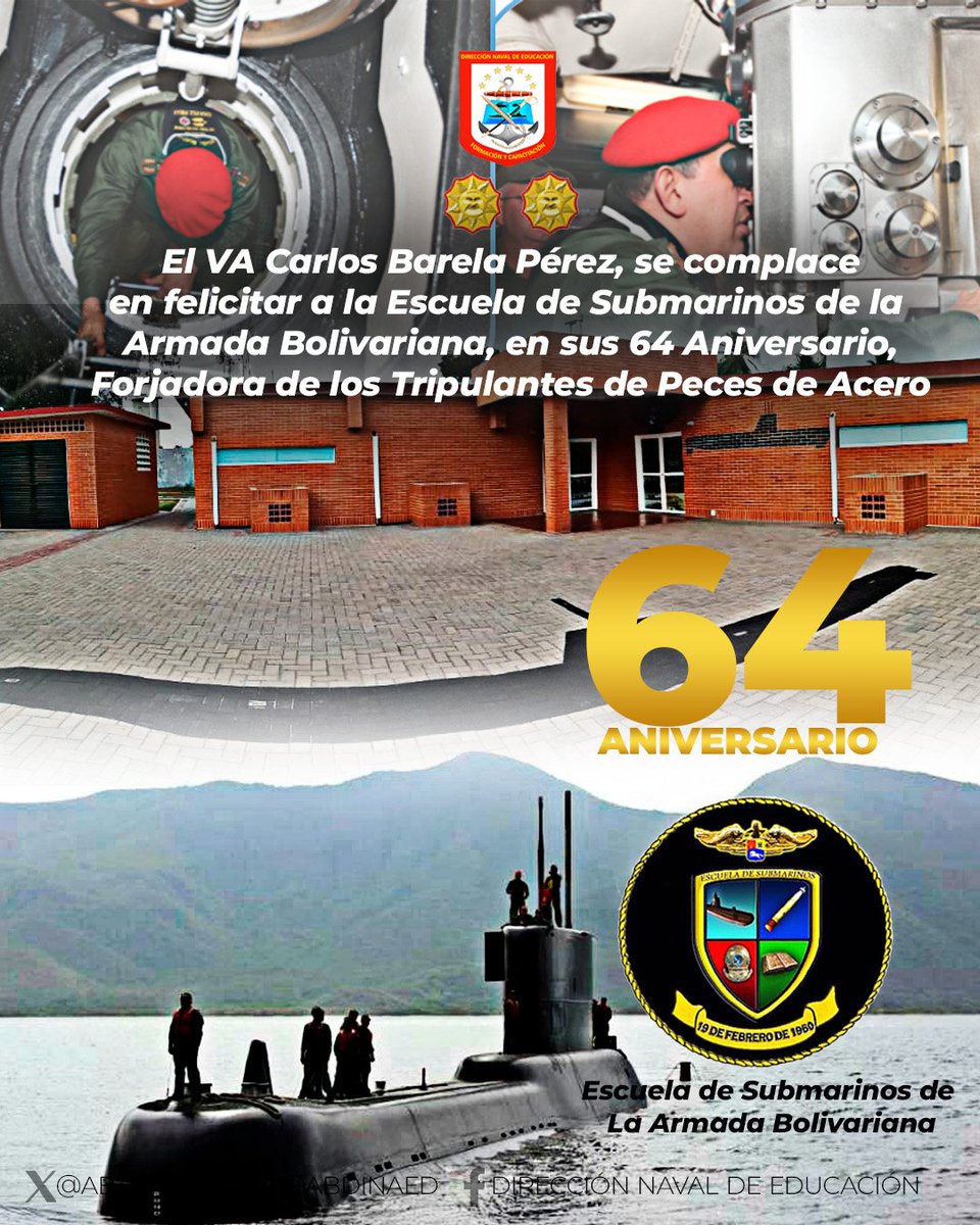 El VA Carlos Barela Pérez <a href="/AB_DINAED/">DIRECCIÓN NAVAL DE EDUCACIÓN</a> y su tripulación se complacen en felicitar a la Escuela de Submarinos de la Armada Bolivariana, en su 64° Aniversario, Forjadora de los Tripulantes de Peces de Acero para la victoria en la mar.

 <a href="/ArmadaFANBVzla/">Armada_ve</a>
<a href="/ab_esar/">AB_ESAR</a>