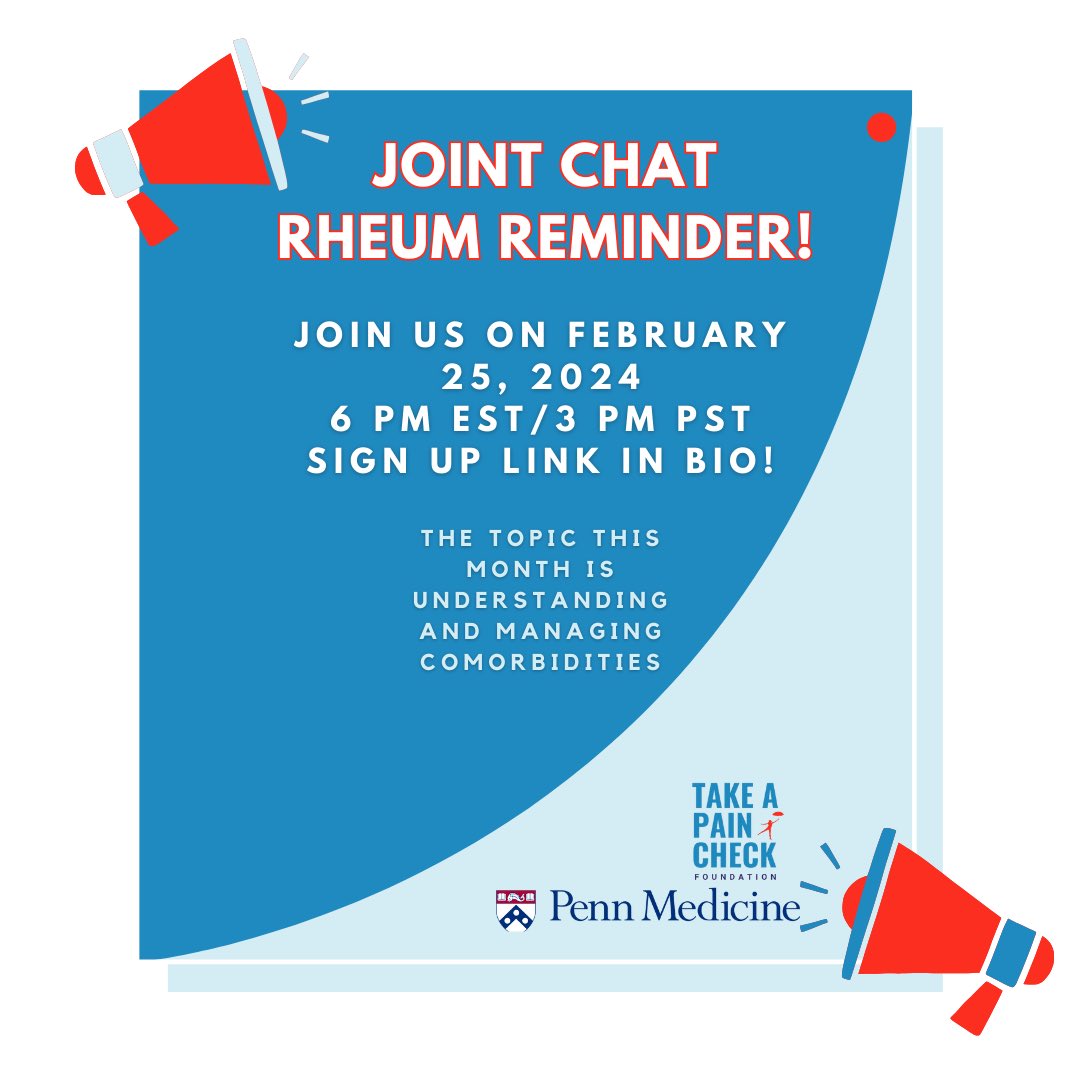 Our Joint Chat Rheum will be held on Zoom on February 25th at 6 PM EST / 3 PM PST. Join the opportunity to get involved and have discussions. Our Take a Pain Check executives and ambassadors will be leading activities! 

Use the link in our bio to sign up now!

#TAPC  #Awareness