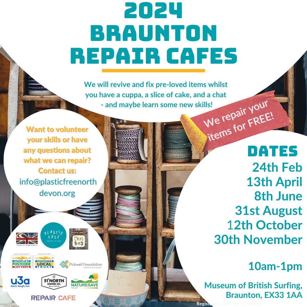 Our Braunton repair cafe is back for 2024. Check out our whats on page for all the info >> plasticfreenorthdevon.org/whats-on