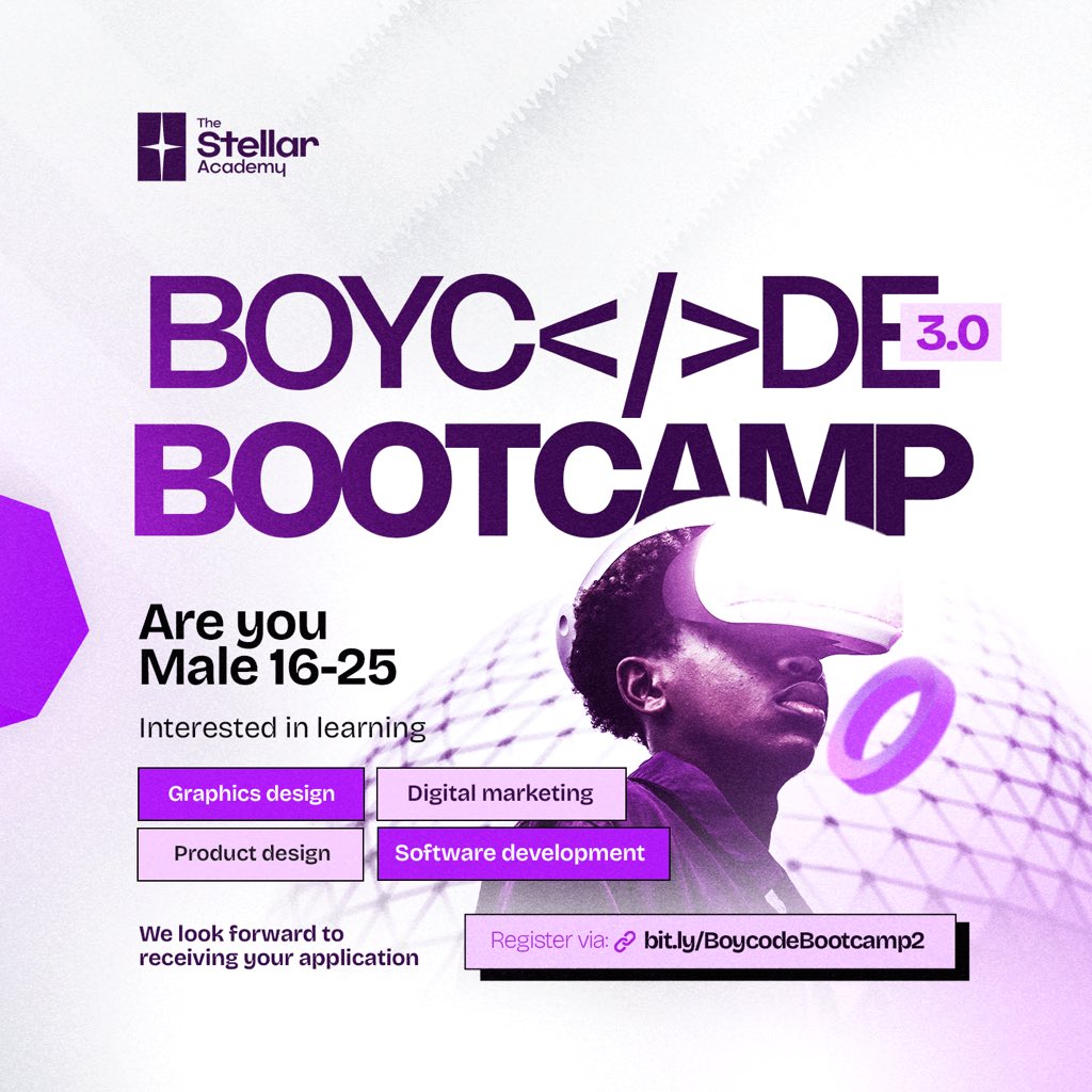 An NGO <a href="/TSI_academy/">The Stellar Academy</a> is set to train 100boys on skills like software development, digital marketing, graphics and product design for free. They also get a chance to get a Laptop. If you know any boy that falls into this bracket . Kindly send this to them bit.ly/BoycodeBootcam…
