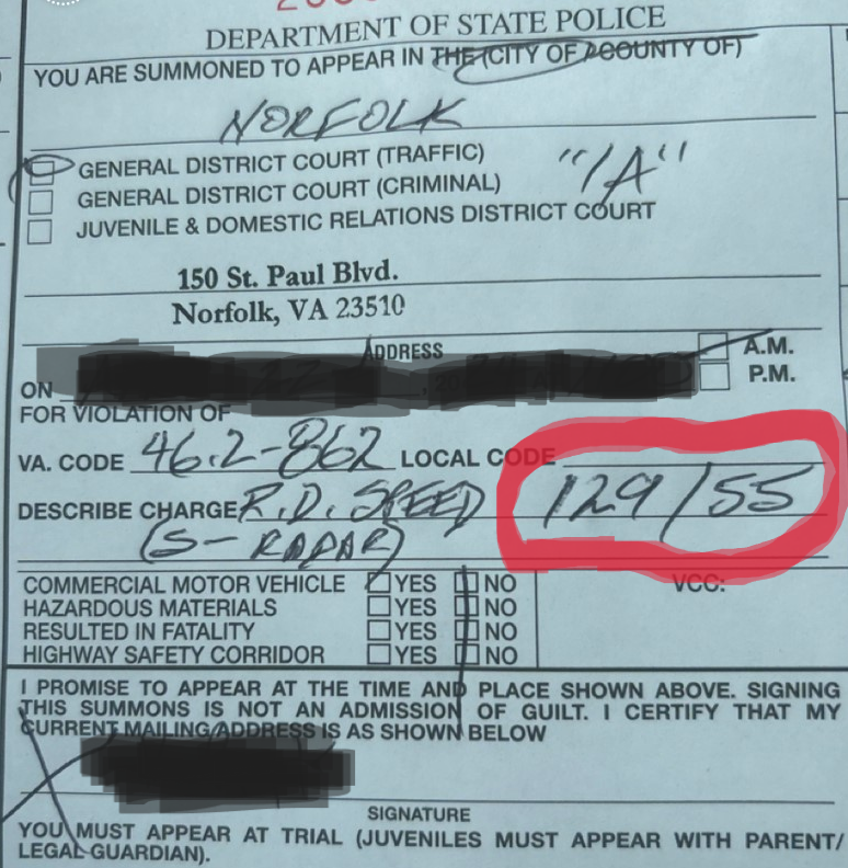VSPPIO's tweet photo. Love was still in the air this weekend for this speeding driver, so we had to give them a special Valentines summons and a reminder to #SlowYourSpeed ❣️
#DriveSmartVA

(Summons issued by #VSP on Sat 02/17/24 in Norfolk. The smudged date/time is the assigned court date.) https://t.co/no6mHUbTbb