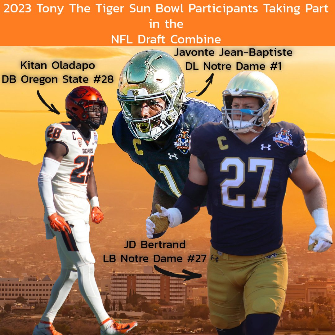 TonyTheTigerSB's tweet photo. Fresh off their Tony The Tiger Sun Bowl performance, Kitan Oldapo (DB, Oregon State, No.28), Javonte Jean-Baptiste (DL, Notre Dame, No.1), & JD Bertrand (LB, Notre Dame, No.27) gear up for the NFL Draft Combine, eyeing a spot in April's draft! 🏈 #NFLDraftCombine #Sunbowl https://t.co/RRSMD1HF79