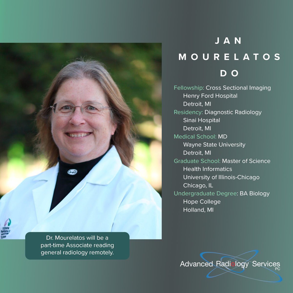 Advanced Radiology Services, PC (@advancedrad) on Twitter photo Dr. Mourelatos has joined <a href="/AdvancedRad/">Advanced Radiology Services, PC</a> and we couldn't be more excited! Dr. Mourelatos has joined <a href="/AdvancedRad/">Advanced Radiology Services, PC</a> and we couldn't be more excited!